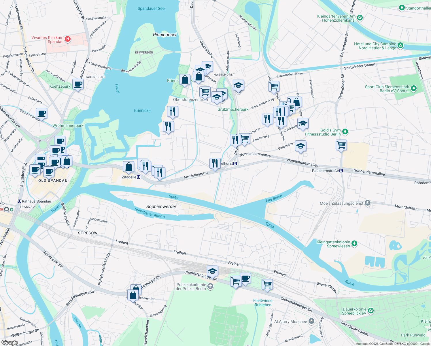 map of restaurants, bars, coffee shops, grocery stores, and more near 19 Am Juliusturm in Berlin