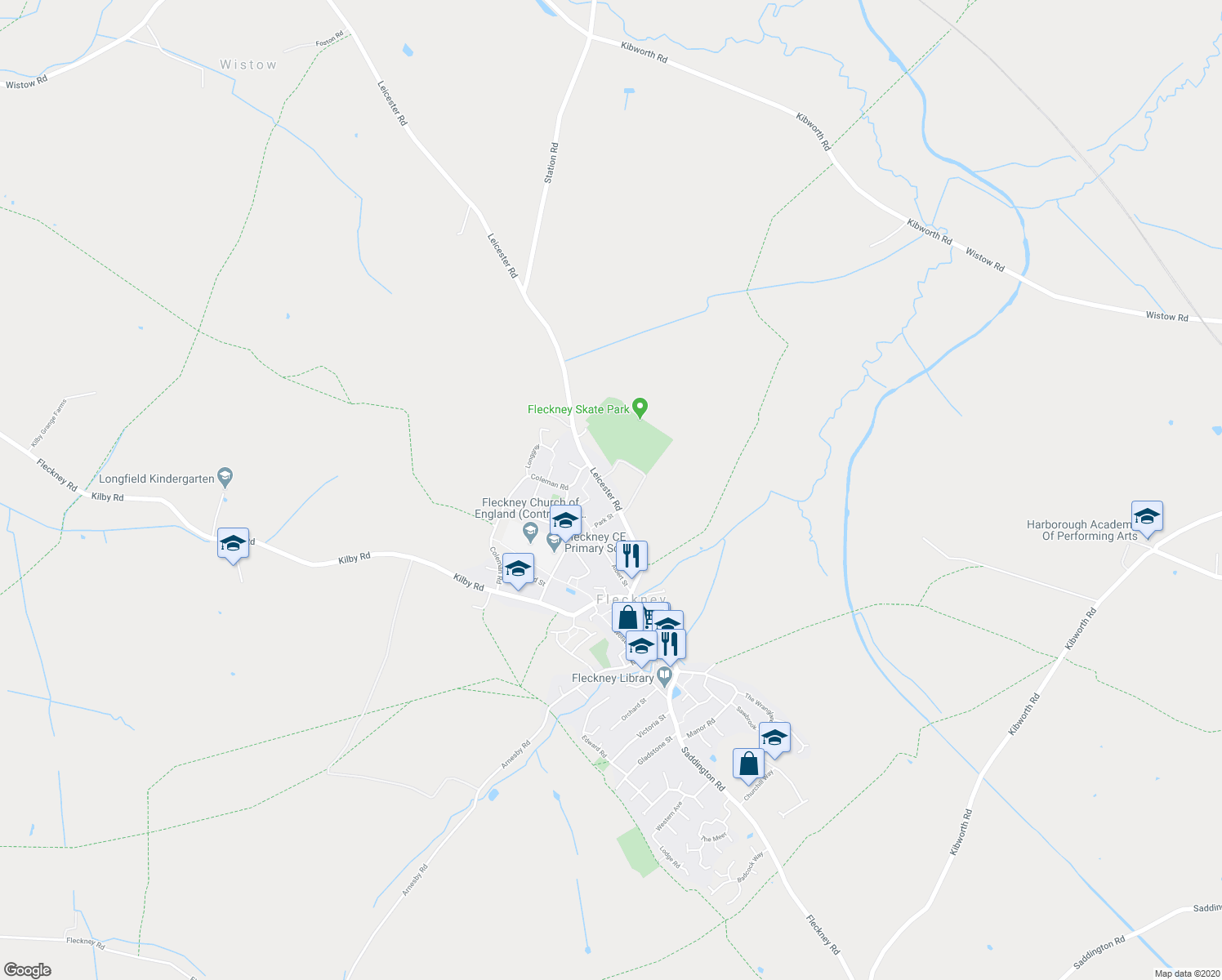 map of restaurants, bars, coffee shops, grocery stores, and more near 75 Leicester Road in Fleckney