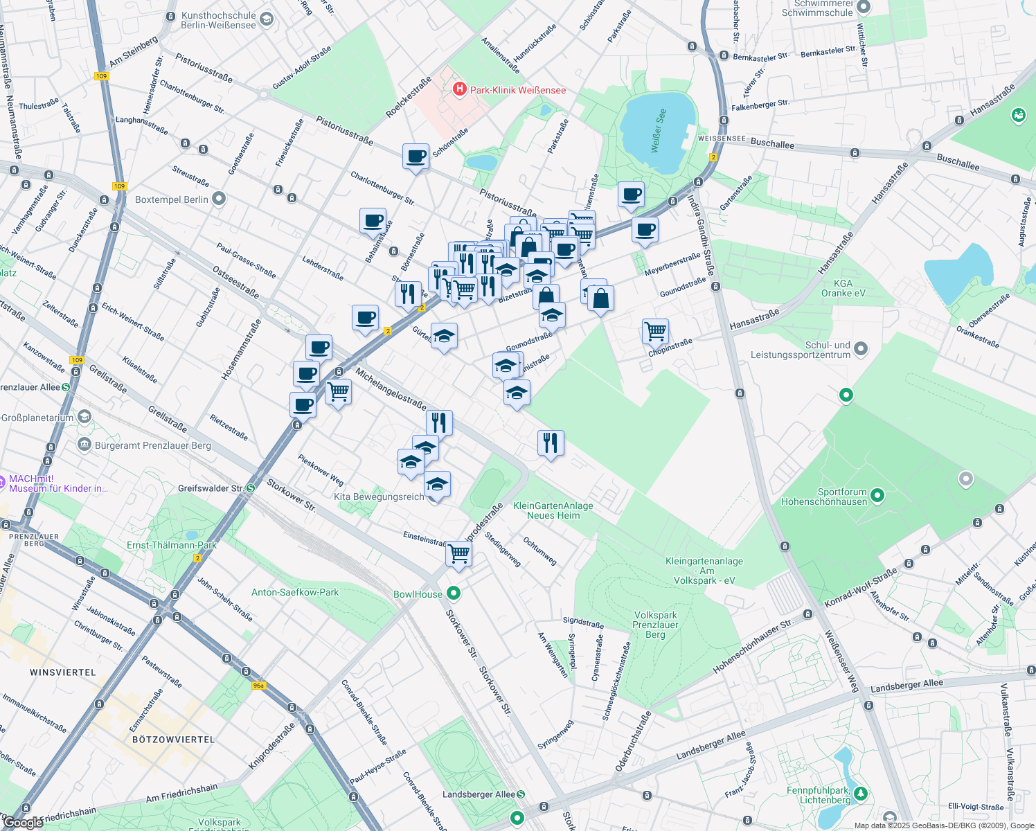 map of restaurants, bars, coffee shops, grocery stores, and more near 25 Gürtelstraße in Berlin