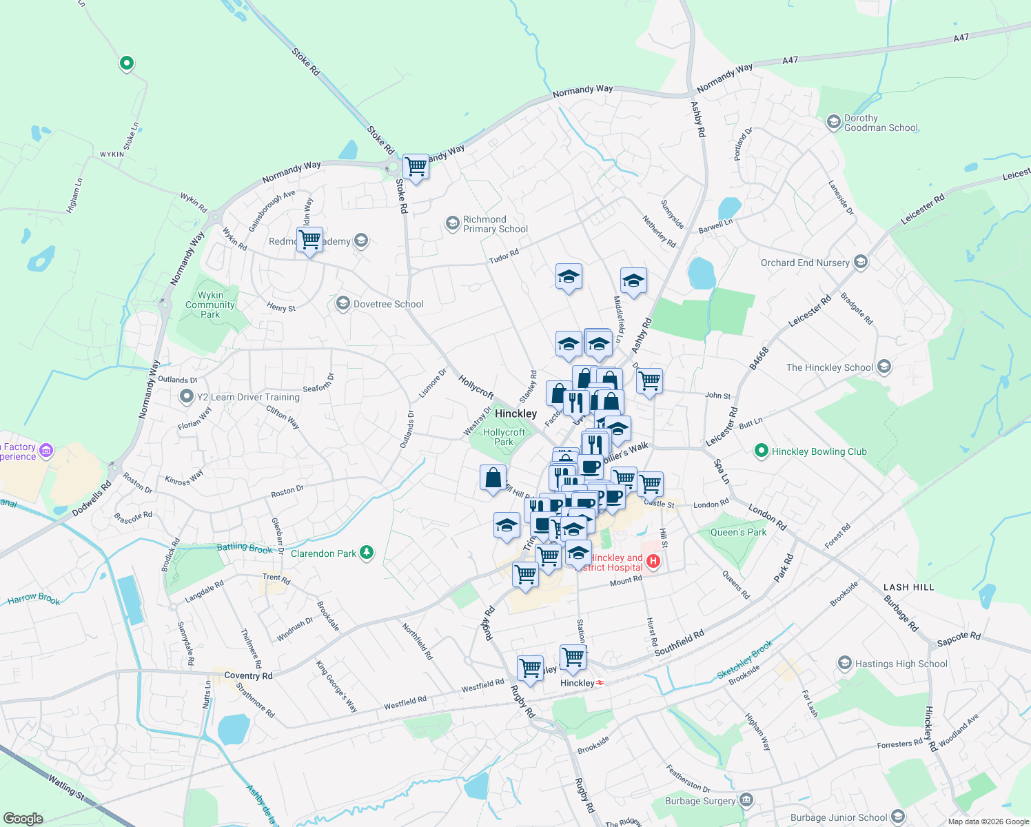 map of restaurants, bars, coffee shops, grocery stores, and more near in Hinckley