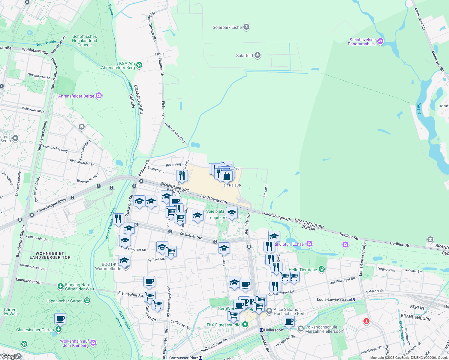 map of restaurants, bars, coffee shops, grocery stores, and more near 17 Landsberger Chaussee in Ahrensfelde