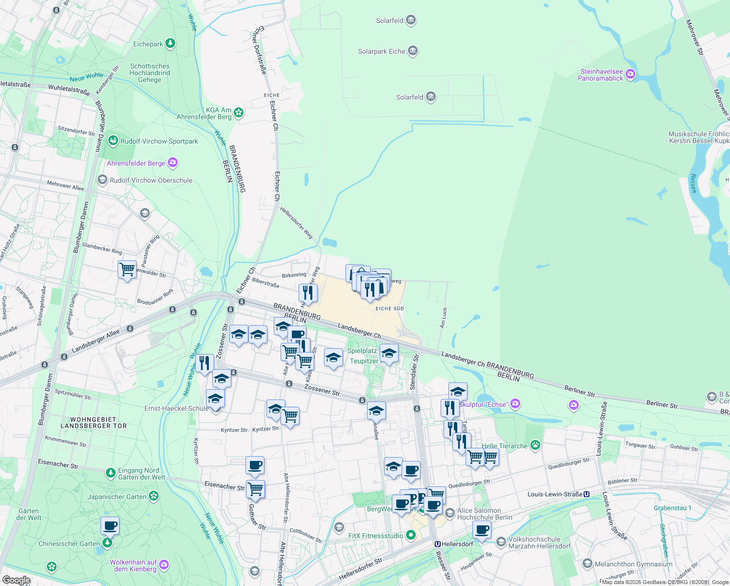 map of restaurants, bars, coffee shops, grocery stores, and more near 17 Landsberger Chaussee in Ahrensfelde