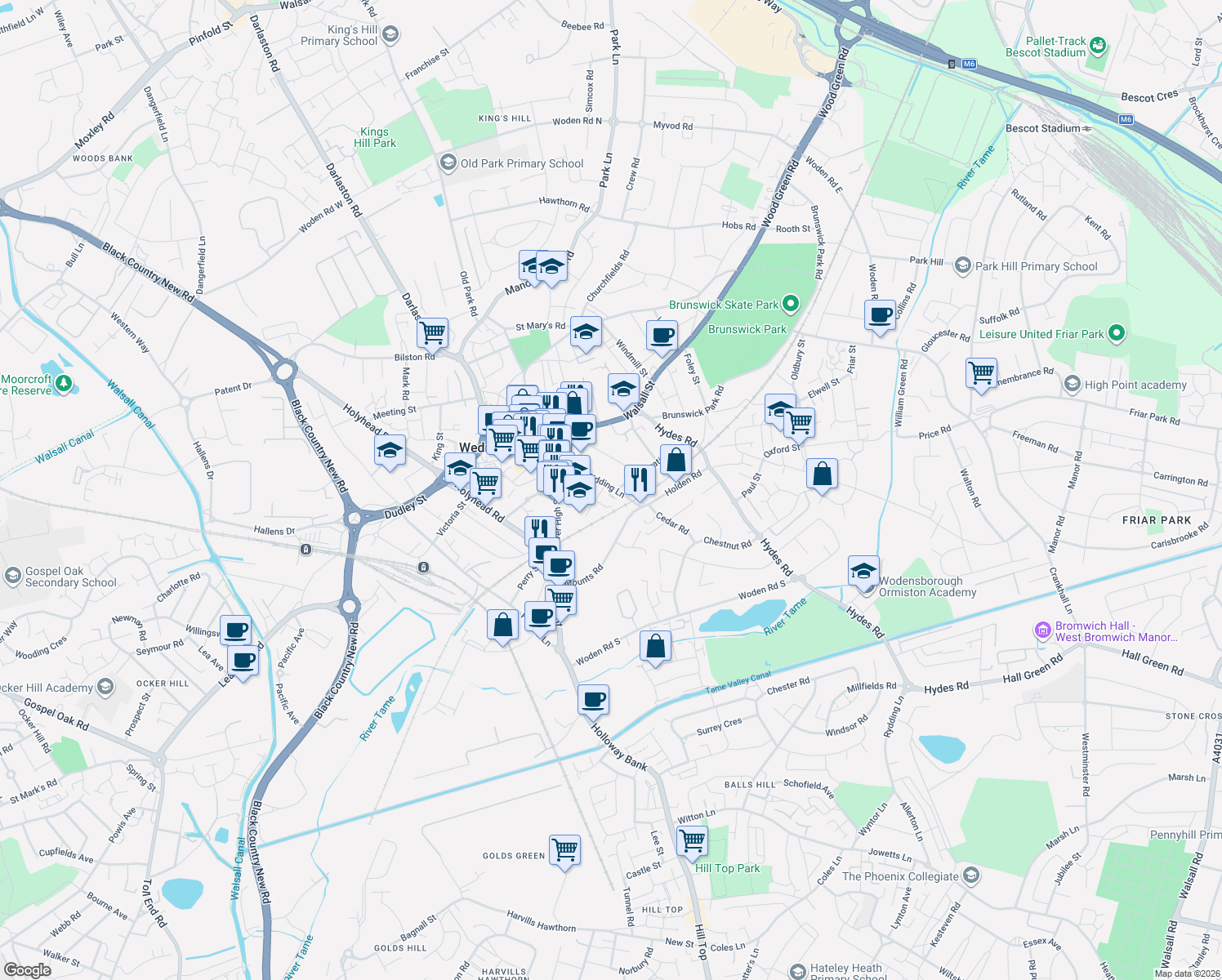 map of restaurants, bars, coffee shops, grocery stores, and more near 0 Galahad Way in West Midlands