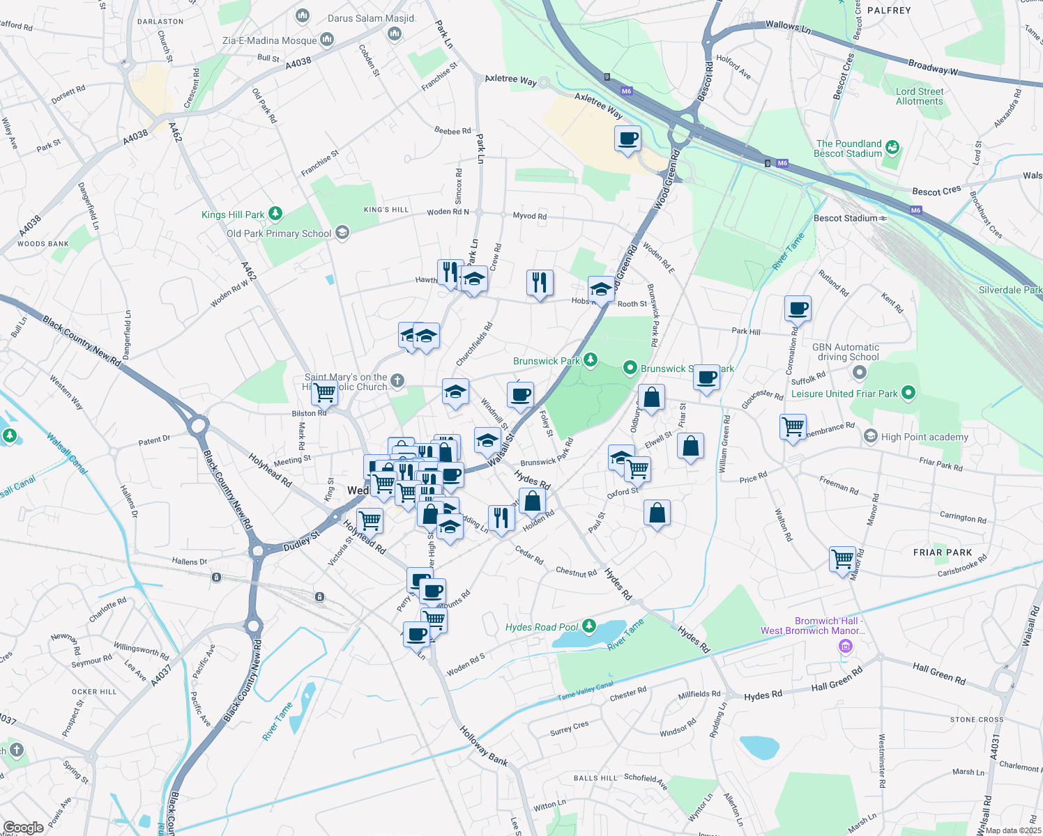 map of restaurants, bars, coffee shops, grocery stores, and more near 7 Knowles Street in West Bromwich