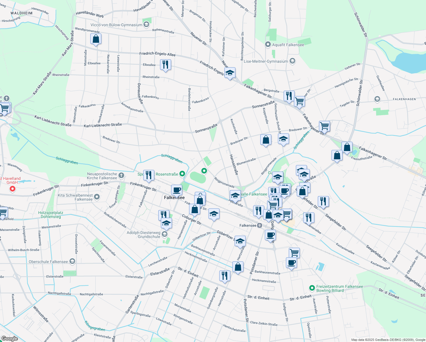 map of restaurants, bars, coffee shops, grocery stores, and more near 111 Ringpromenade in Falkensee