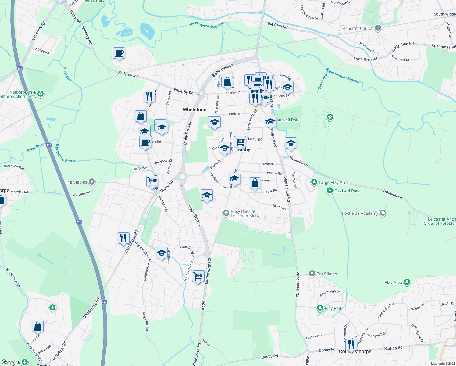 map of restaurants, bars, coffee shops, grocery stores, and more near Lutterworth Road in Blaby