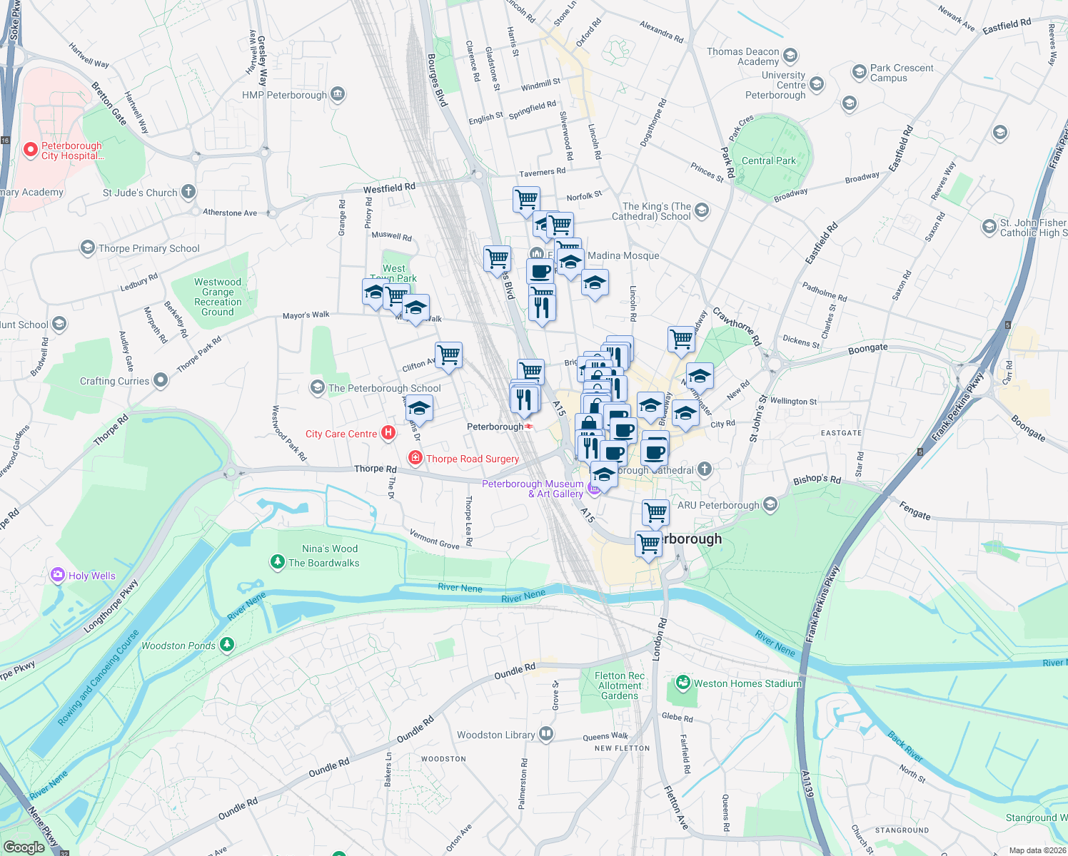map of restaurants, bars, coffee shops, grocery stores, and more near 2 Station Road in Peterborough