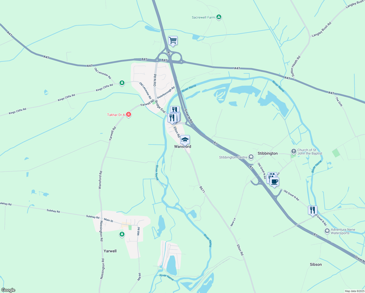 map of restaurants, bars, coffee shops, grocery stores, and more near in Wansford