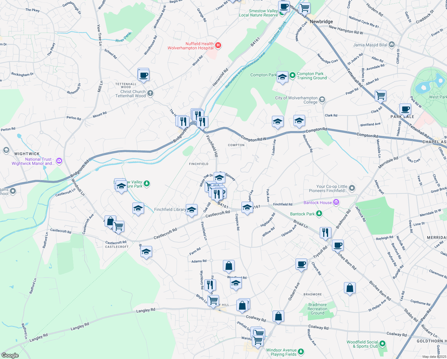 map of restaurants, bars, coffee shops, grocery stores, and more near Birchglade in West Midlands
