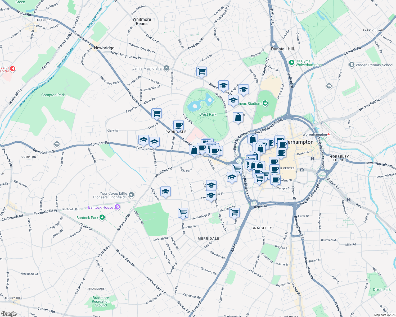 map of restaurants, bars, coffee shops, grocery stores, and more near in West Midlands
