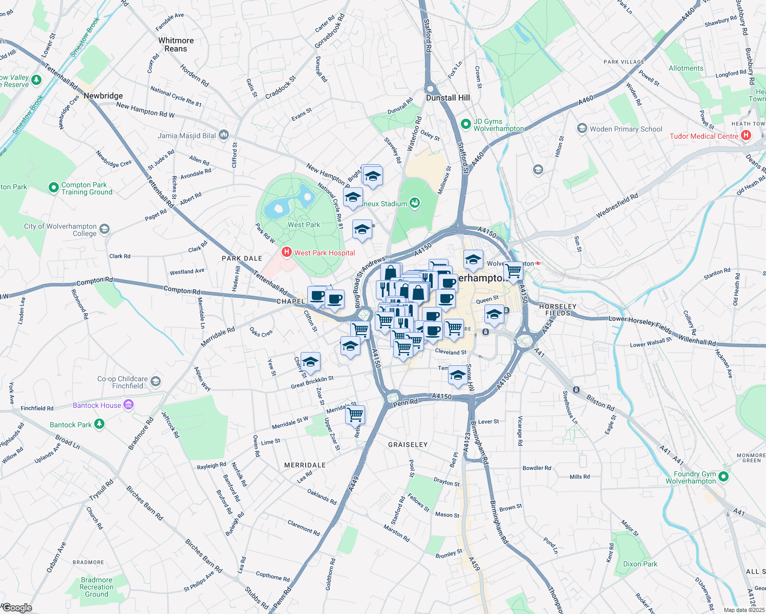 map of restaurants, bars, coffee shops, grocery stores, and more near Darlington Street in West Midlands
