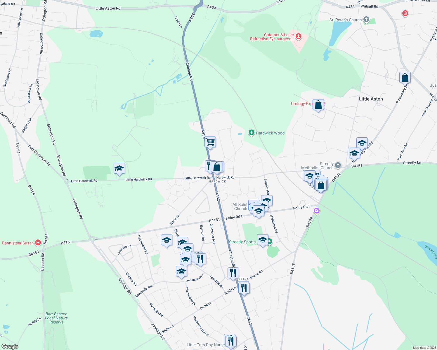 map of restaurants, bars, coffee shops, grocery stores, and more near 124 Hardwick Road in West Midlands