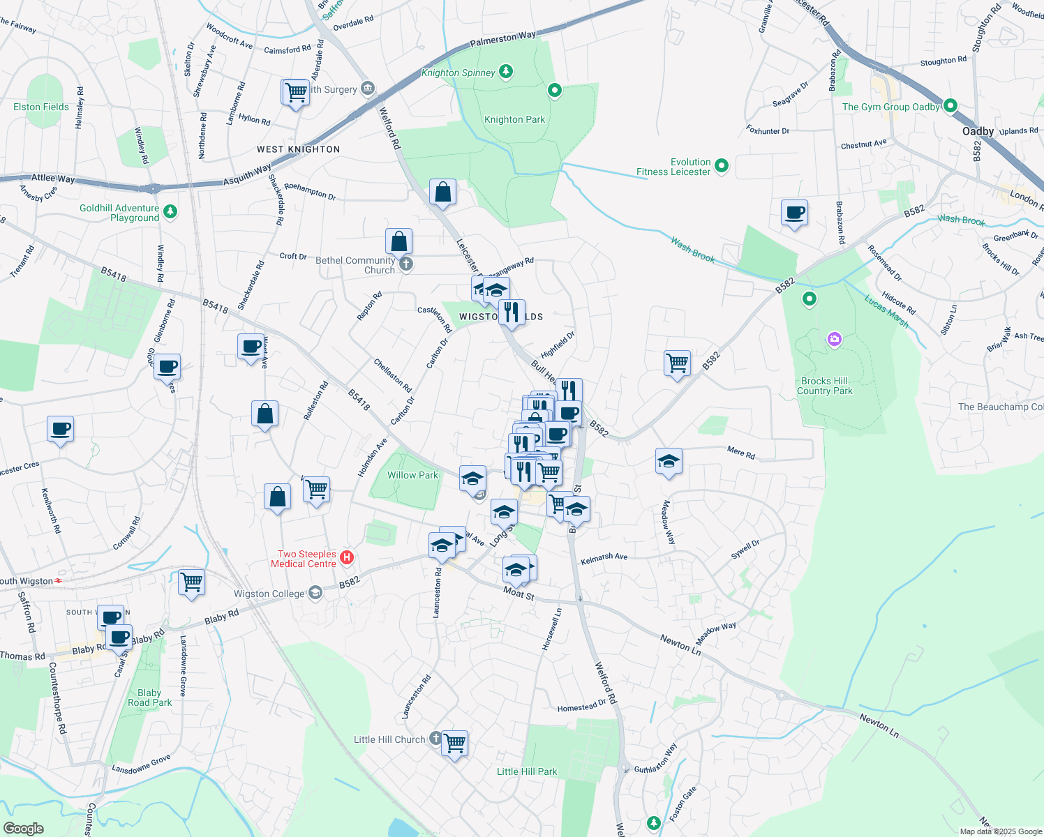 map of restaurants, bars, coffee shops, grocery stores, and more near Victoria Street in Leicestershire