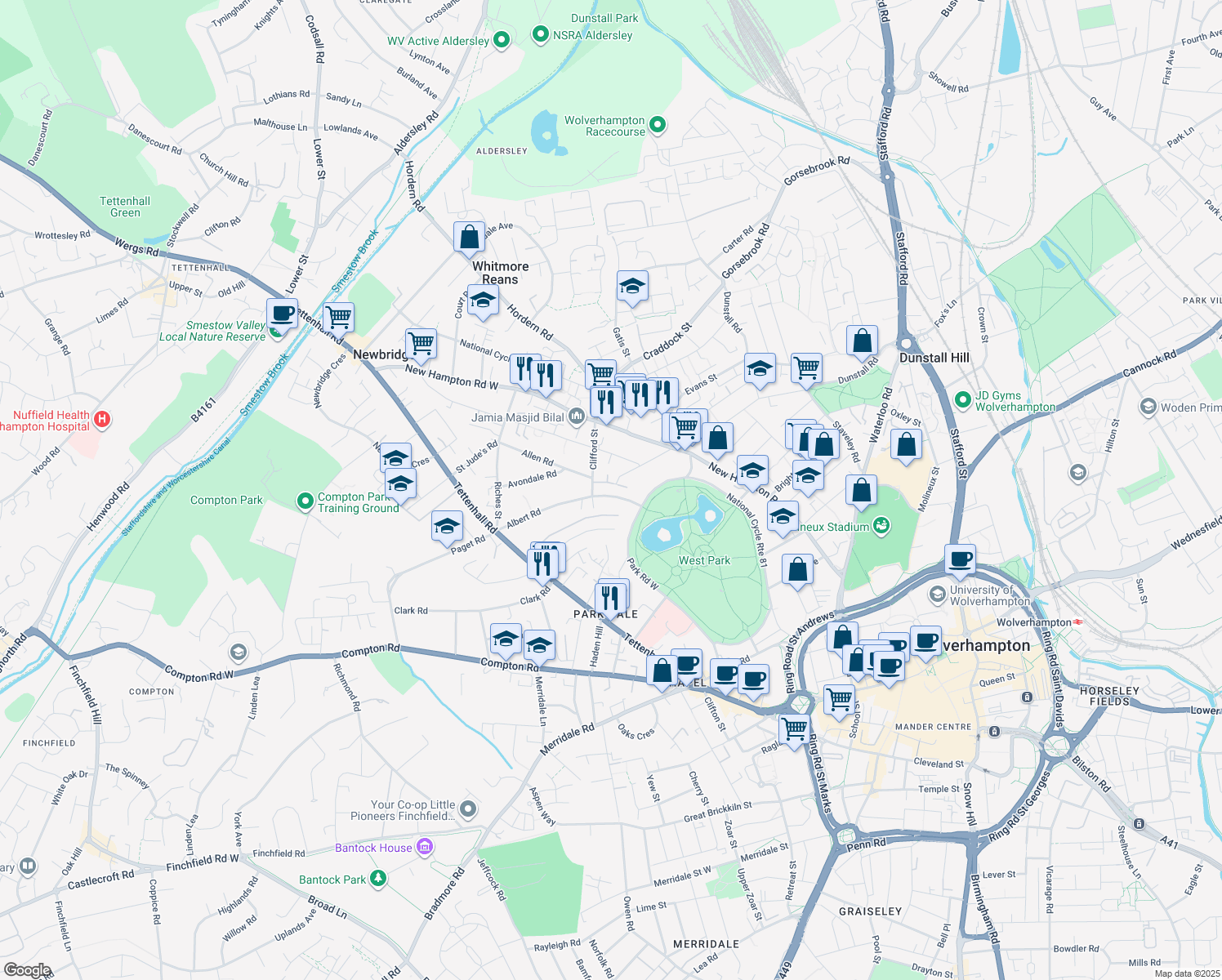map of restaurants, bars, coffee shops, grocery stores, and more near Albert Road in West Midlands