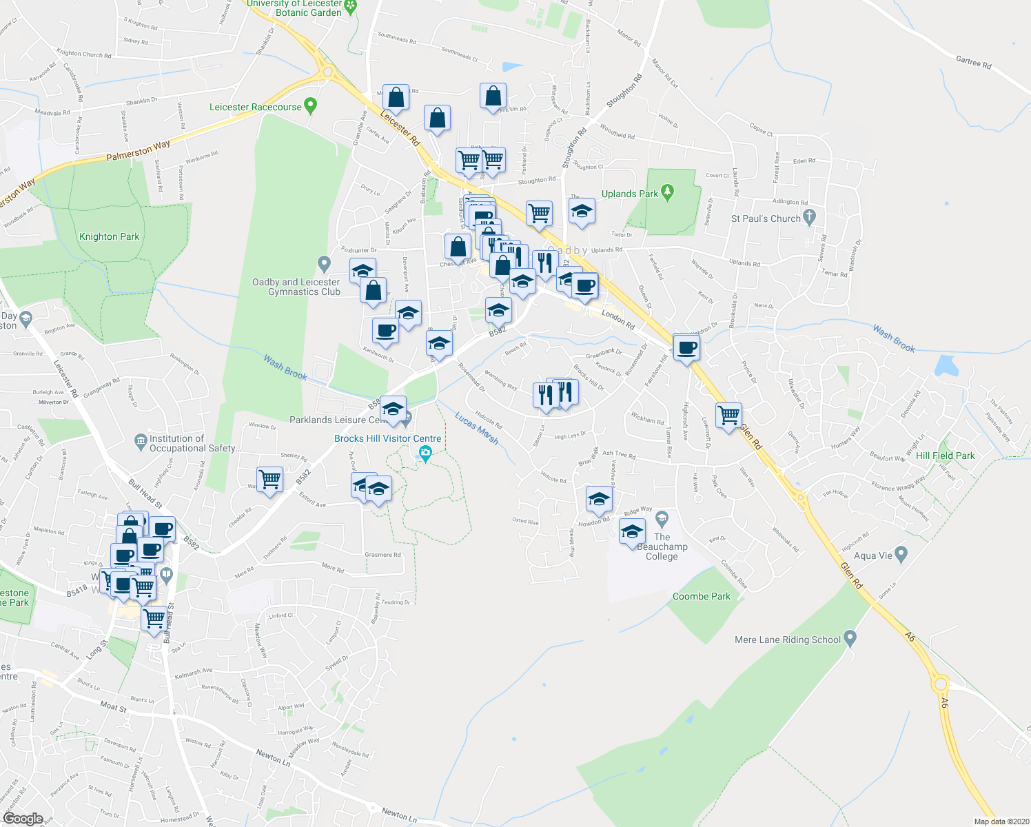 map of restaurants, bars, coffee shops, grocery stores, and more near 99 Rosemead Drive in Oadby