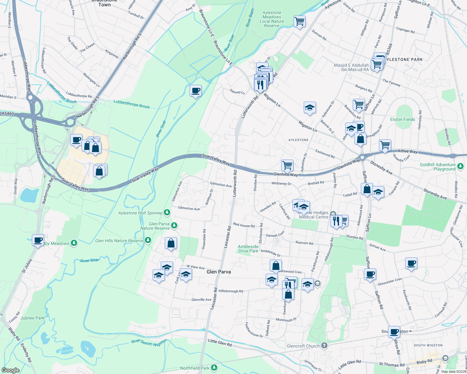 map of restaurants, bars, coffee shops, grocery stores, and more near 115 Lutterworth Road in Leicester