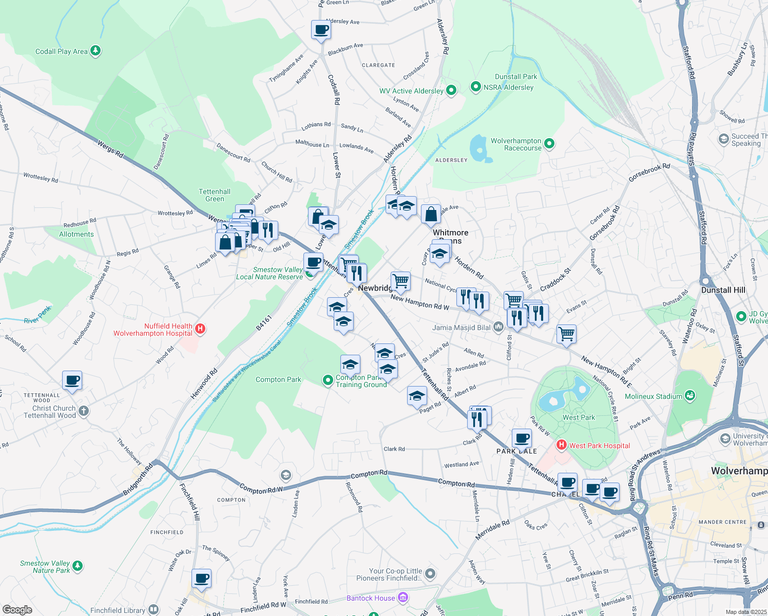 map of restaurants, bars, coffee shops, grocery stores, and more near Tettenhall Road in Wolverhampton