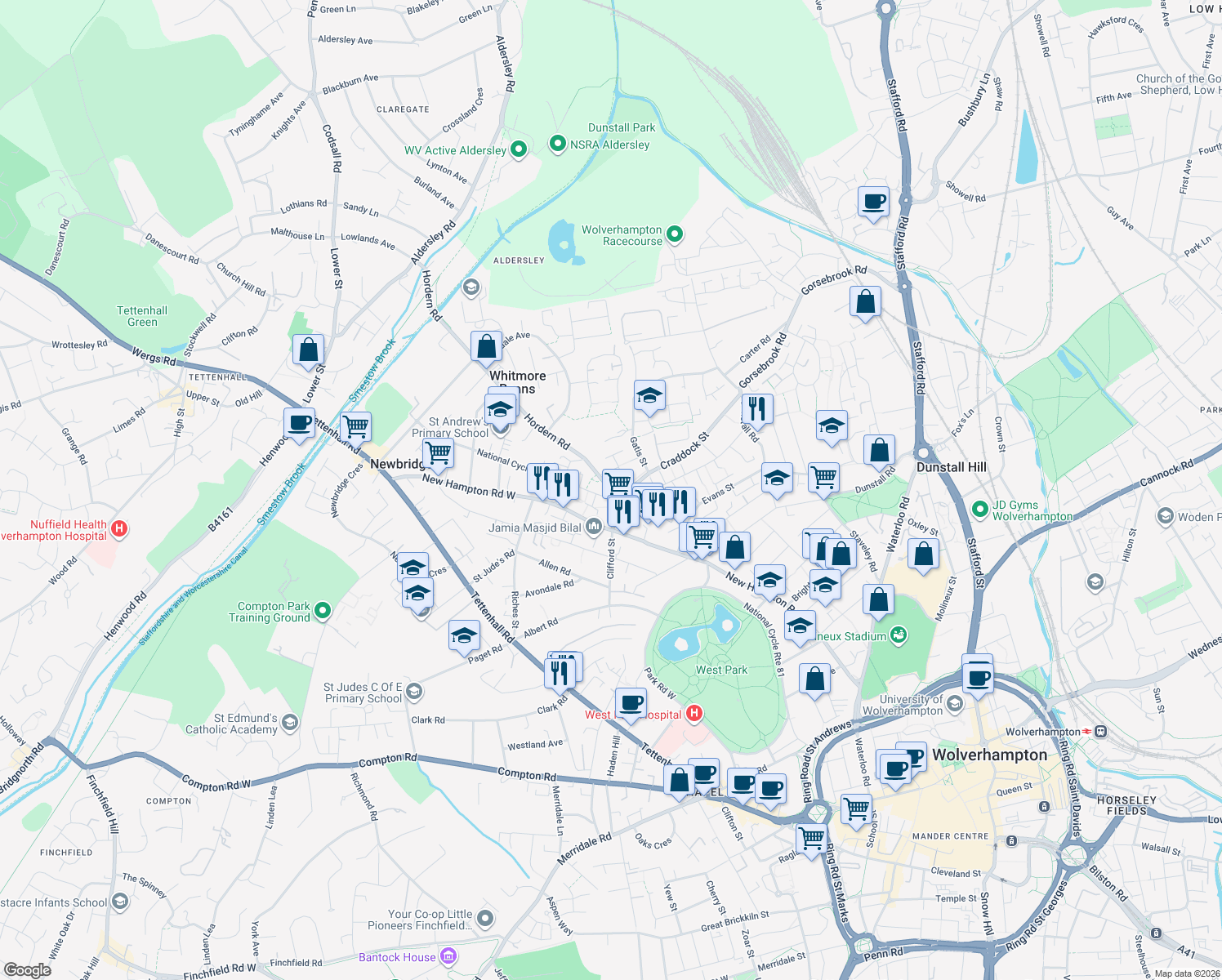map of restaurants, bars, coffee shops, grocery stores, and more near Hordern Road in West Midlands