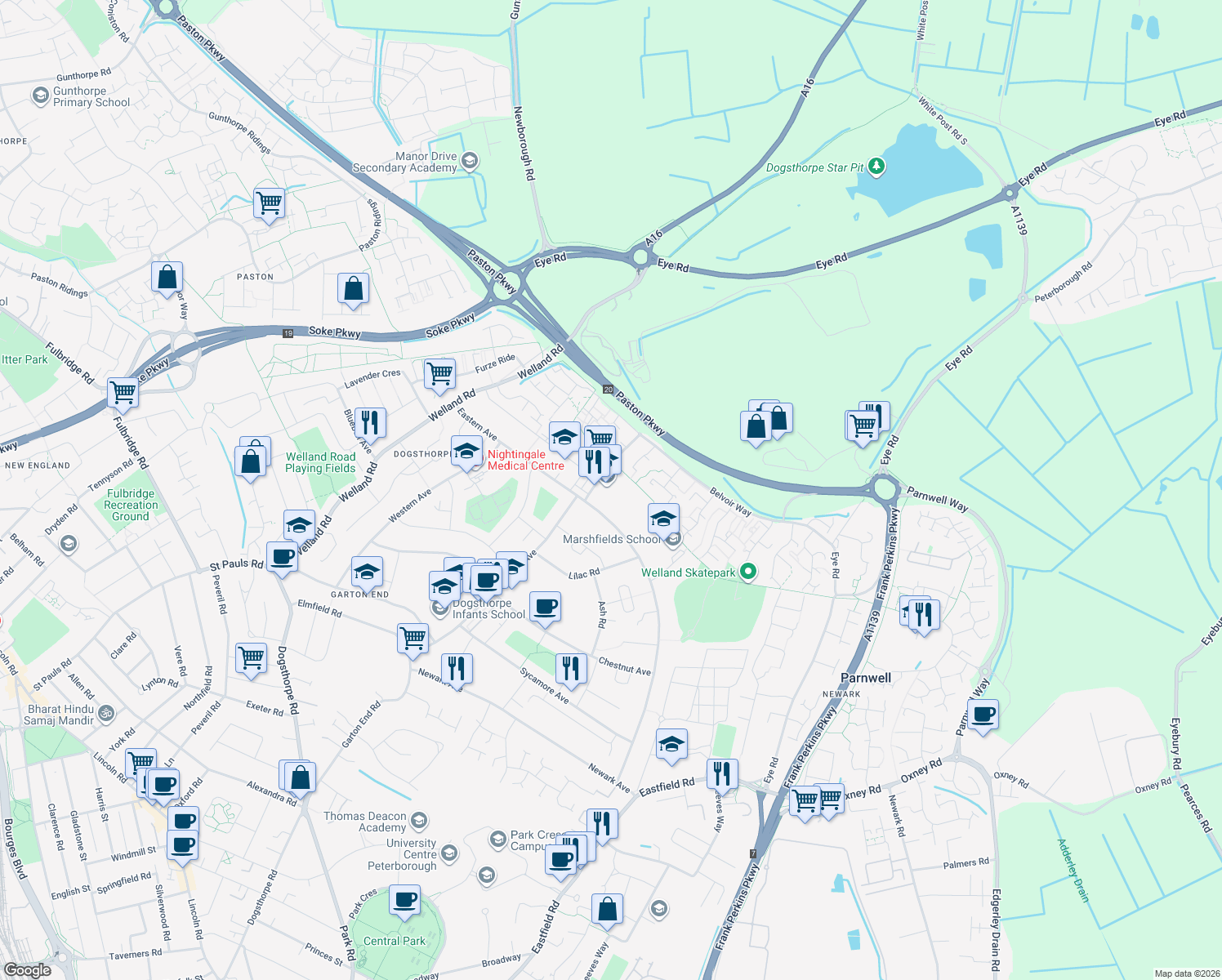 map of restaurants, bars, coffee shops, grocery stores, and more near in Peterborough