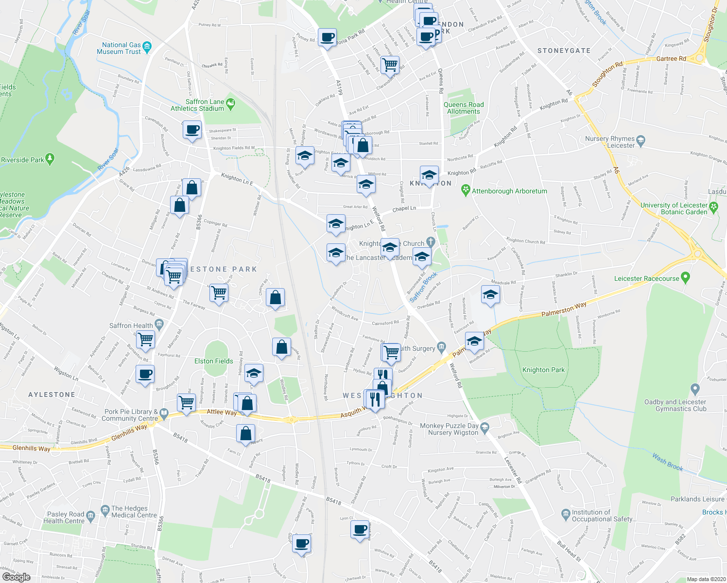 map of restaurants, bars, coffee shops, grocery stores, and more near 18 Pendlebury Drive in Leicester