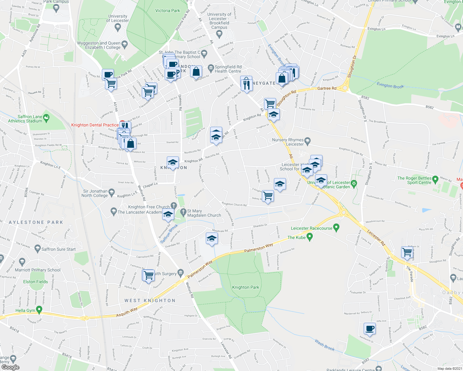 map of restaurants, bars, coffee shops, grocery stores, and more near 35 Sackville Gardens in Leicester