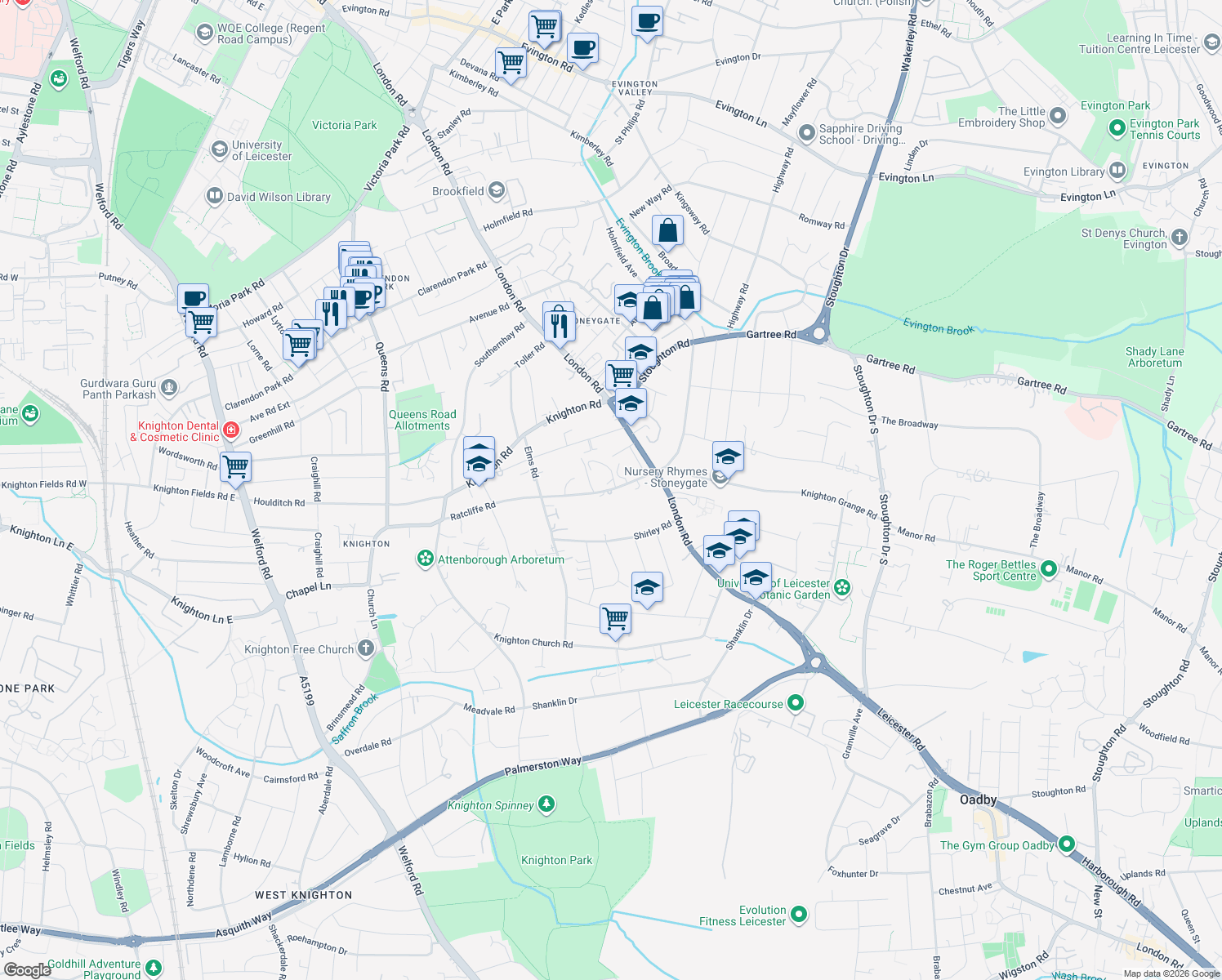 map of restaurants, bars, coffee shops, grocery stores, and more near Ratcliffe Road in Leicester