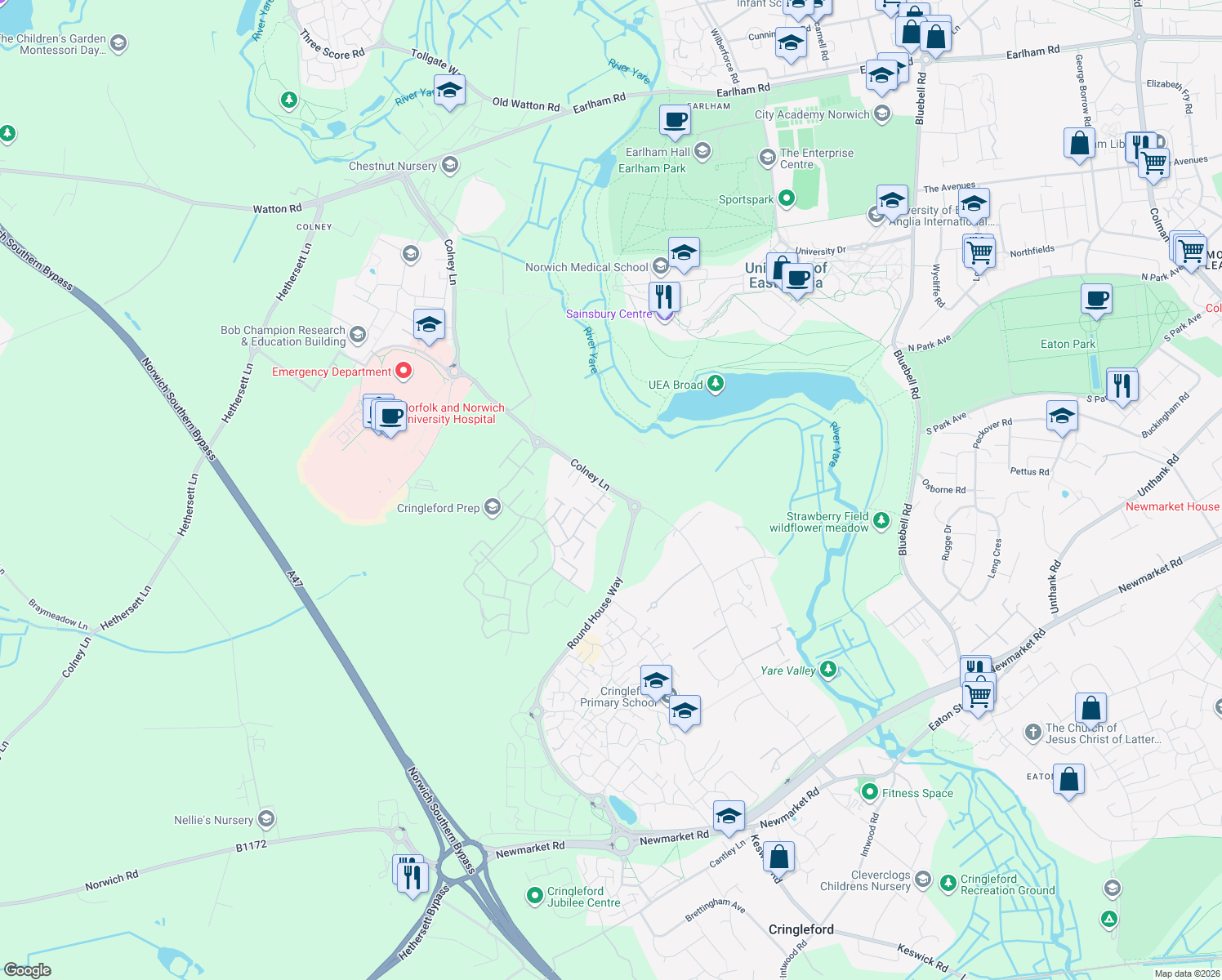 map of restaurants, bars, coffee shops, grocery stores, and more near Colney Lane in Norfolk
