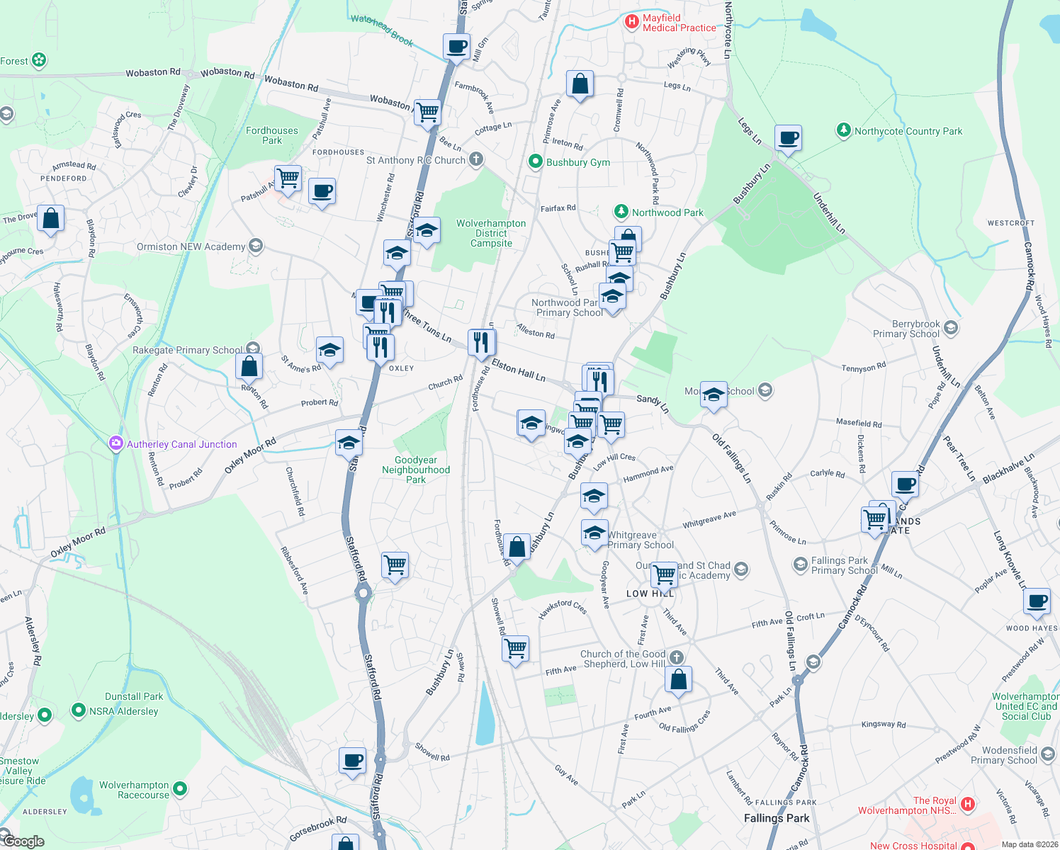 map of restaurants, bars, coffee shops, grocery stores, and more near Ringwood Road in West Midlands
