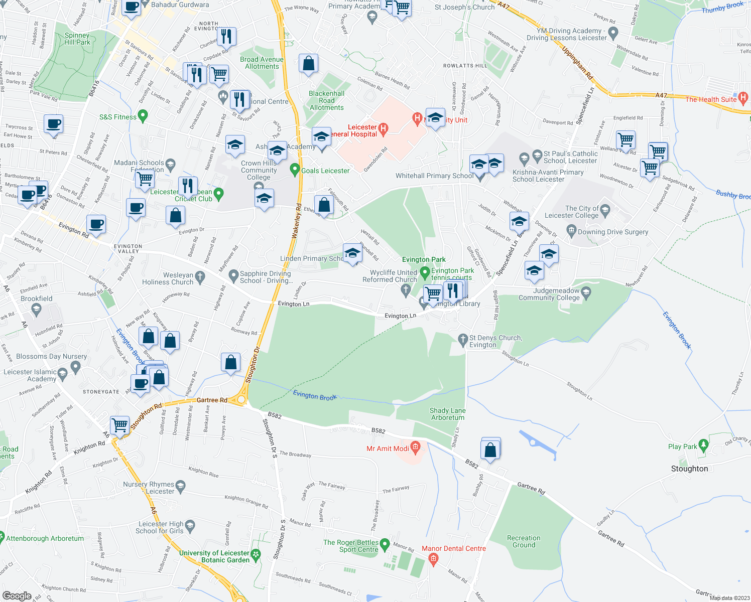 map of restaurants, bars, coffee shops, grocery stores, and more near 2 Hawthorne Drive in Leicester