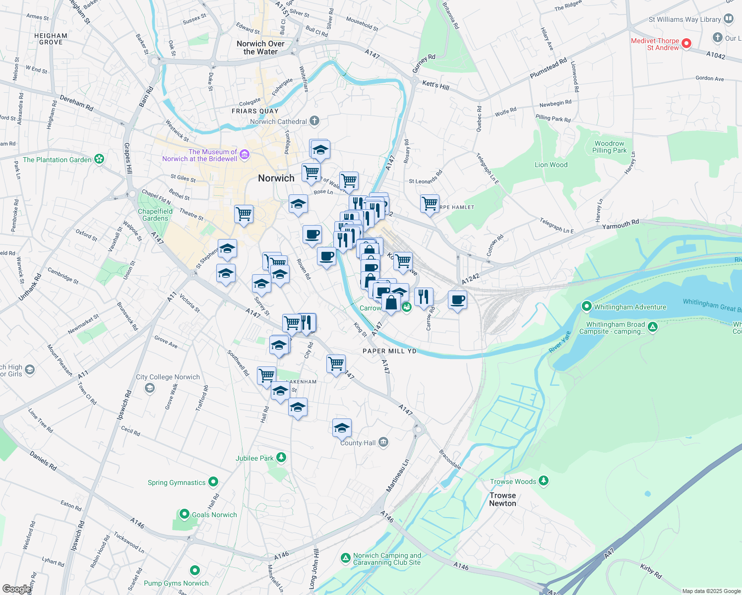 map of restaurants, bars, coffee shops, grocery stores, and more near in Norfolk