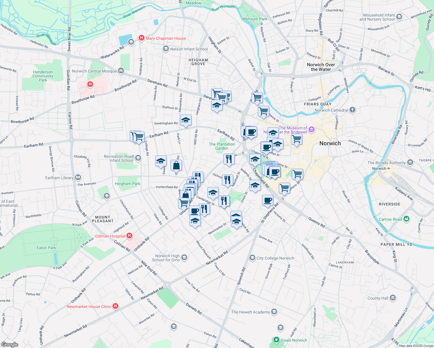 map of restaurants, bars, coffee shops, grocery stores, and more near 2 Oxford Street in Norfolk