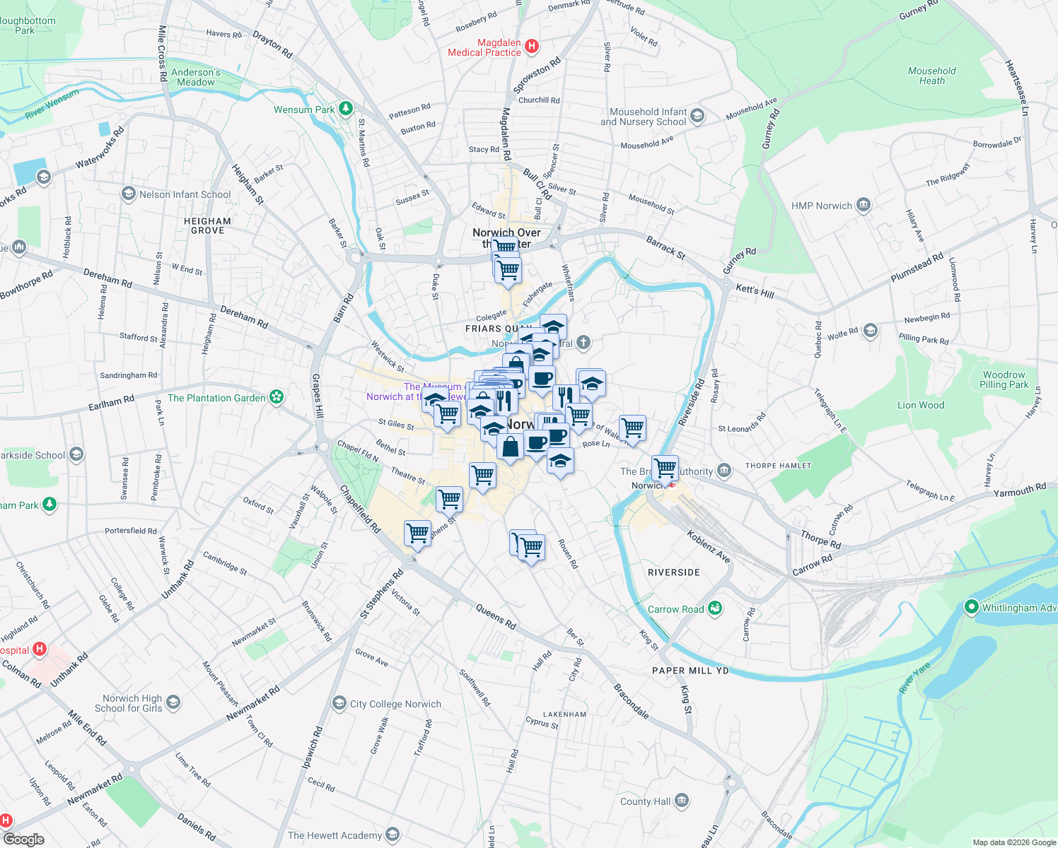map of restaurants, bars, coffee shops, grocery stores, and more near in Norwich