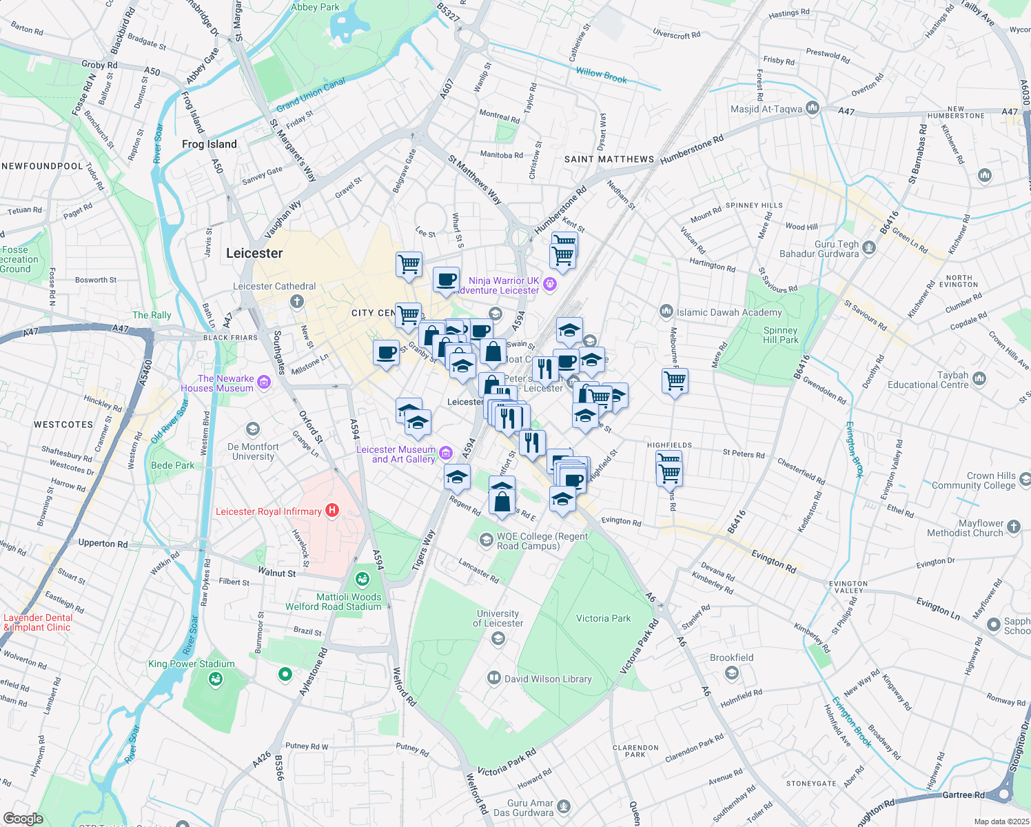 map of restaurants, bars, coffee shops, grocery stores, and more near Conduit Street in Leicester