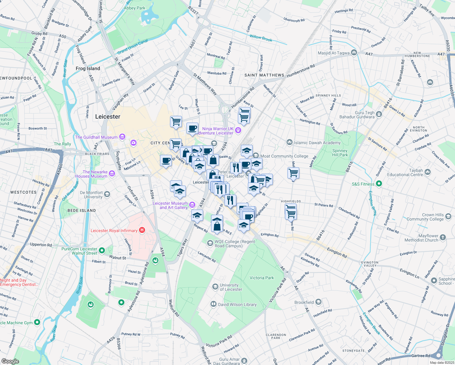 map of restaurants, bars, coffee shops, grocery stores, and more near Conduit Street in Leicester