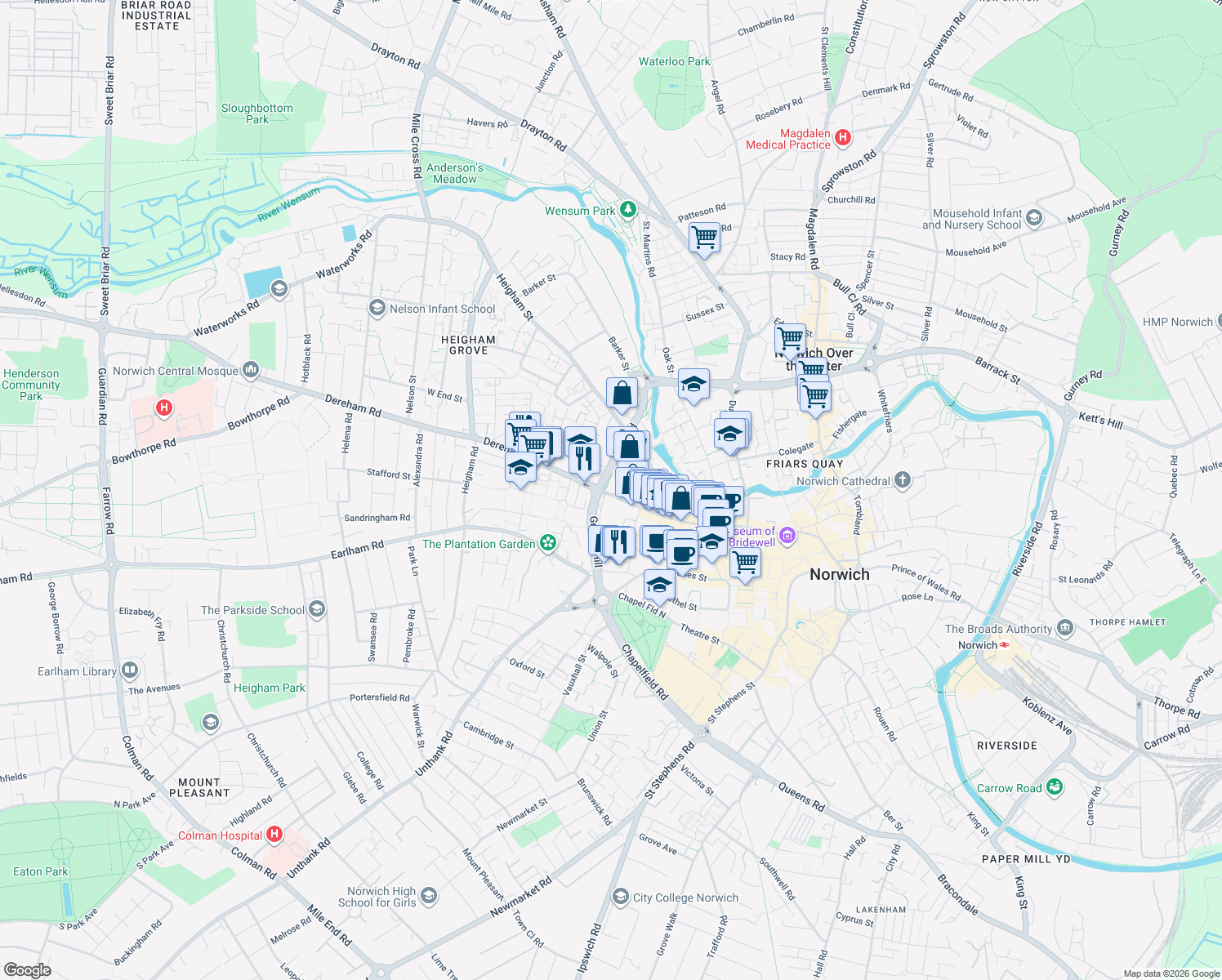 map of restaurants, bars, coffee shops, grocery stores, and more near 71 Saint Benedicts Street in Norfolk