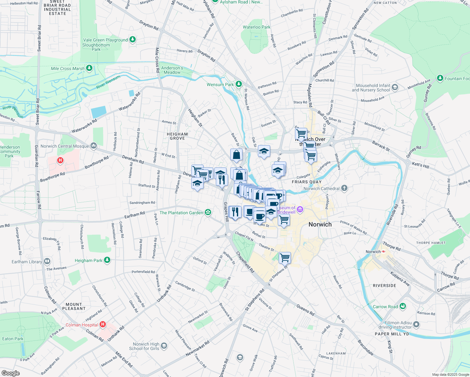 map of restaurants, bars, coffee shops, grocery stores, and more near 71 Saint Benedicts Street in Norfolk