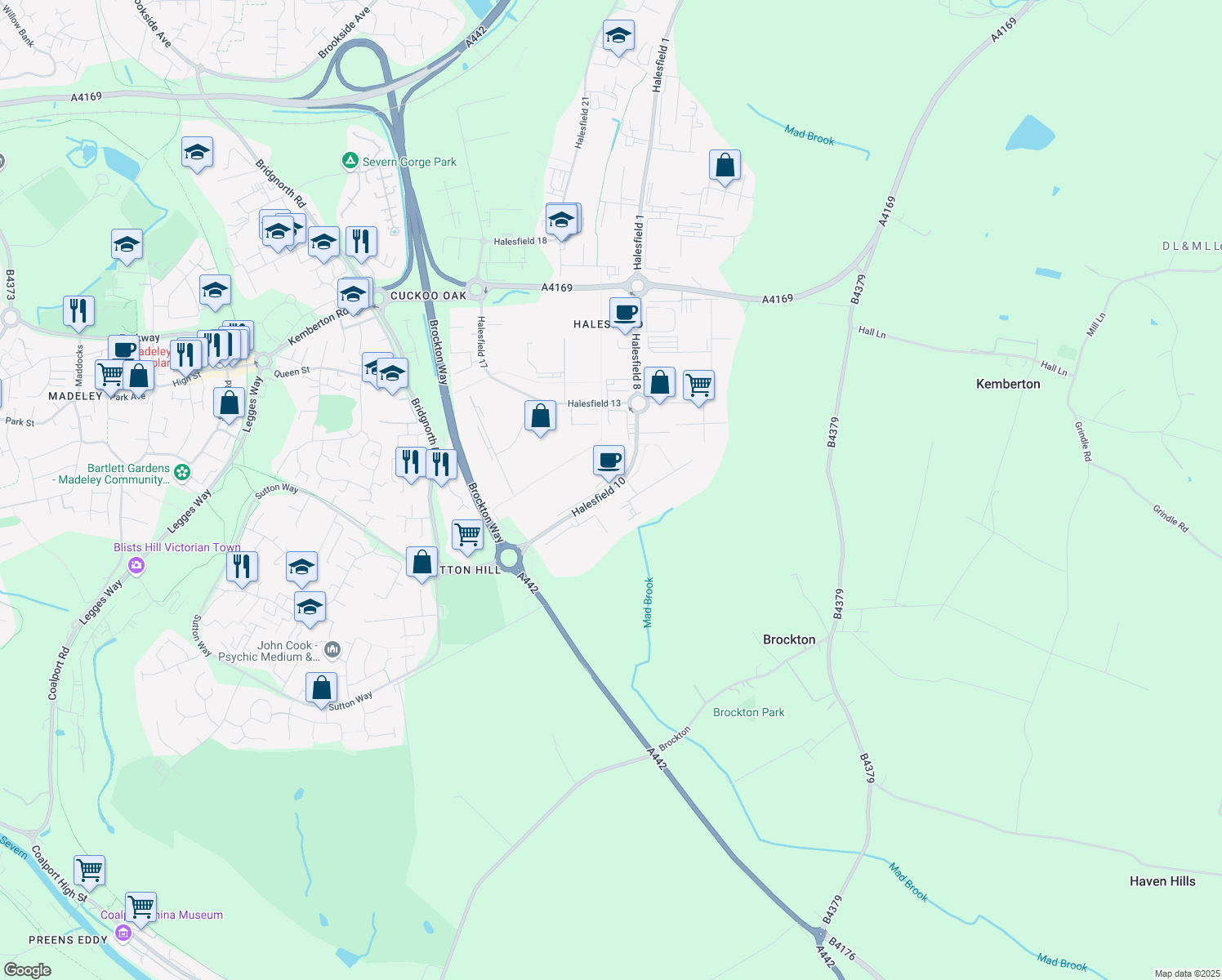 map of restaurants, bars, coffee shops, grocery stores, and more near Halesfield 10 in Telford and Wrekin