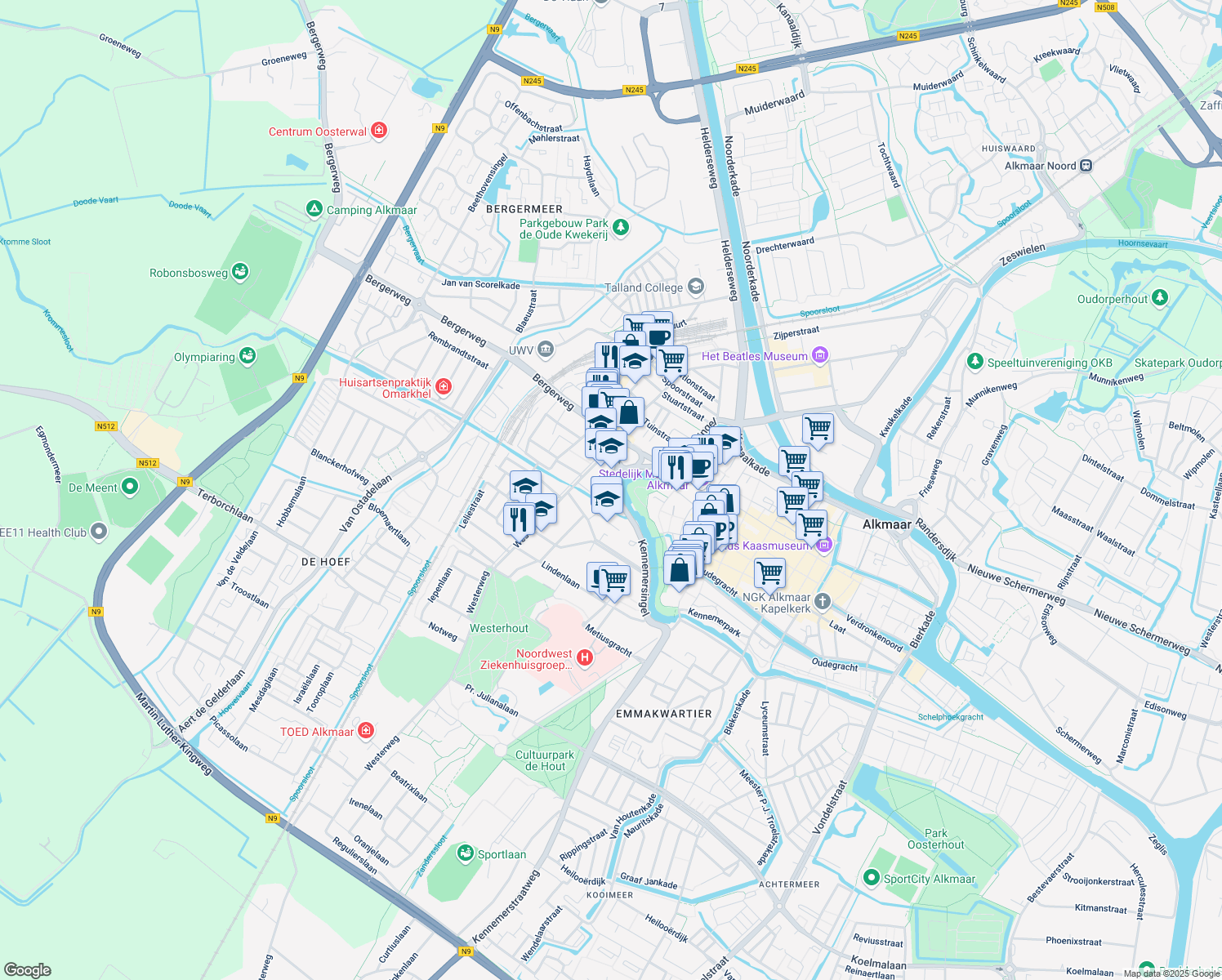 map of restaurants, bars, coffee shops, grocery stores, and more near 13K Geestersingel in Alkmaar