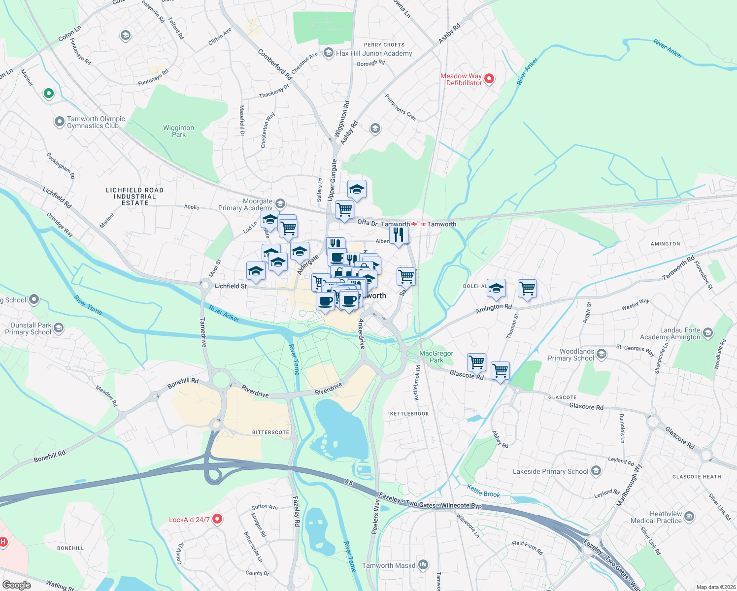 map of restaurants, bars, coffee shops, grocery stores, and more near in Tamworth
