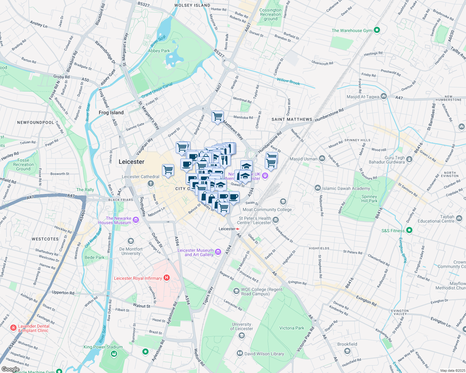 map of restaurants, bars, coffee shops, grocery stores, and more near 21 Queen Street in Leicester