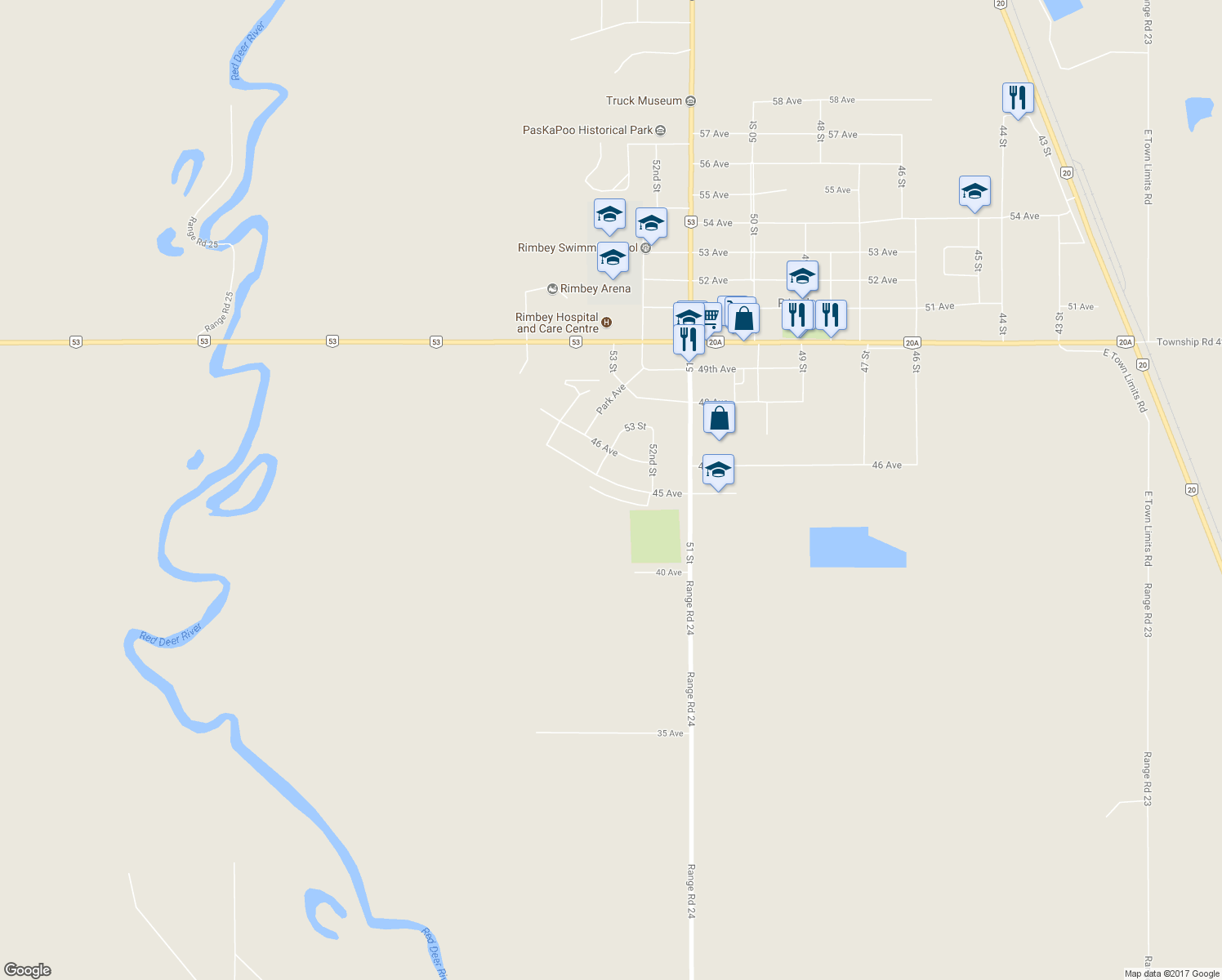 map of restaurants, bars, coffee shops, grocery stores, and more near 5229 45 Avenue in Rimbey