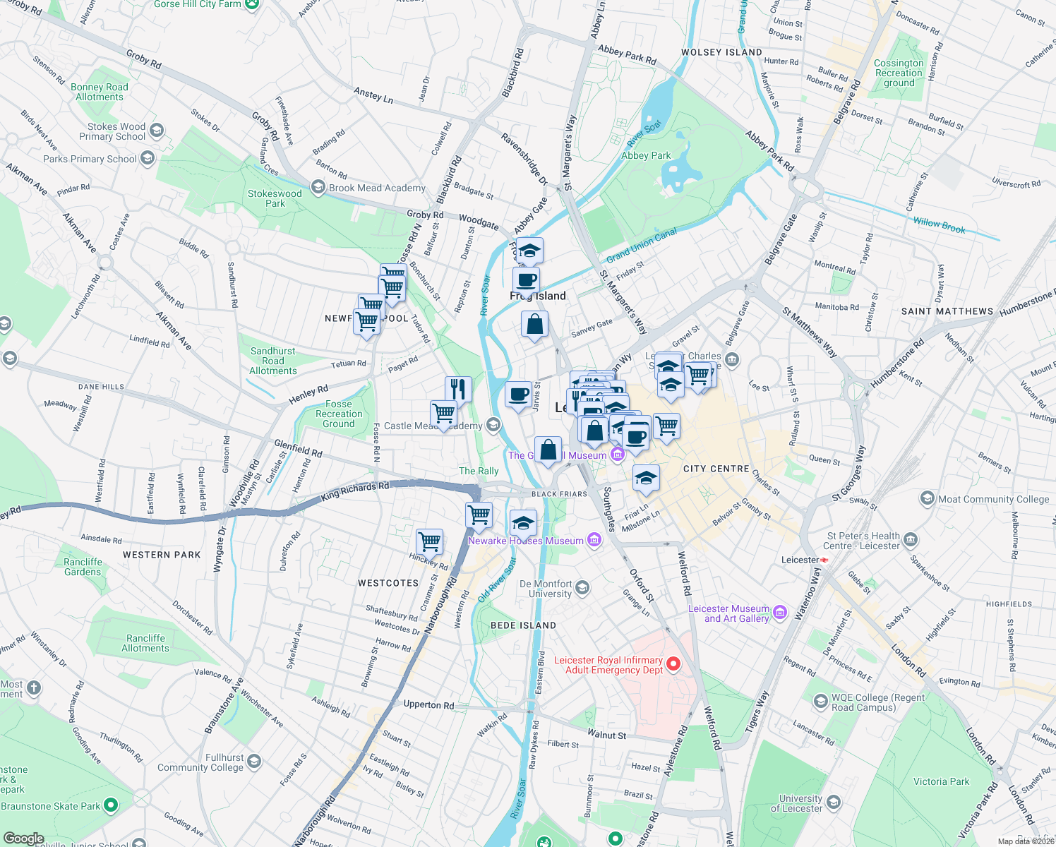 map of restaurants, bars, coffee shops, grocery stores, and more near 75 Bath Lane in Leicester