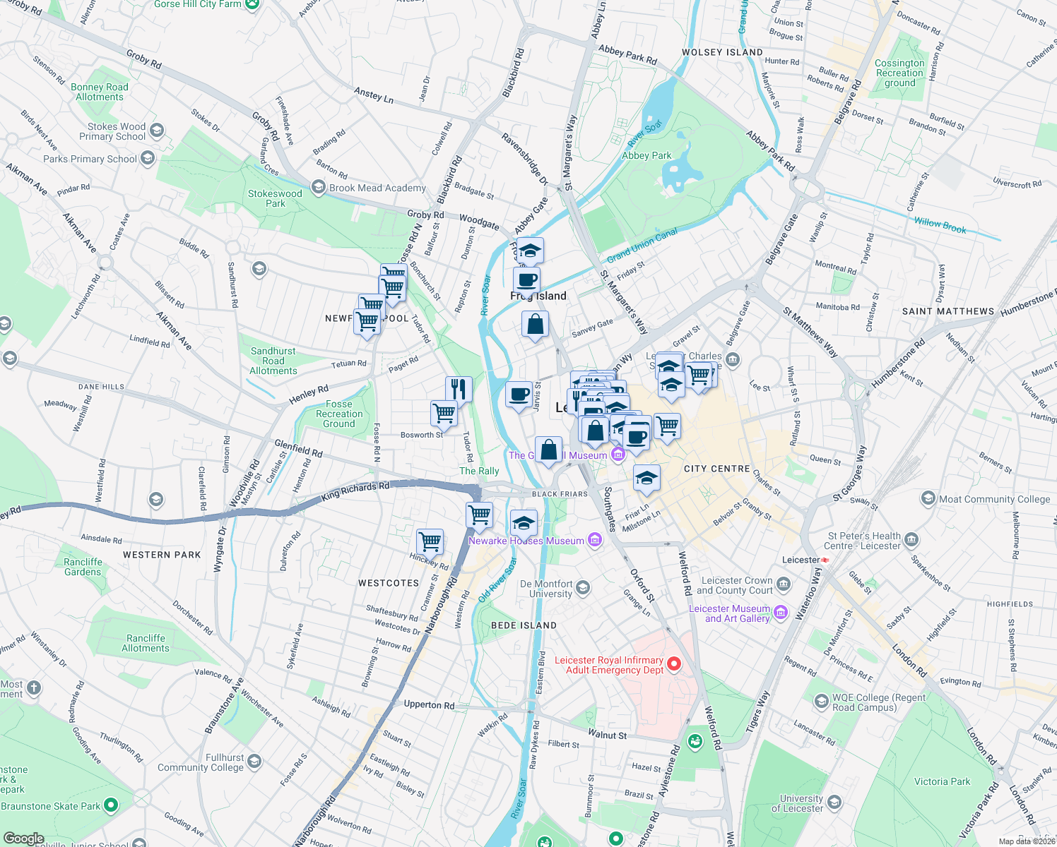 map of restaurants, bars, coffee shops, grocery stores, and more near 75 Bath Lane in Leicester