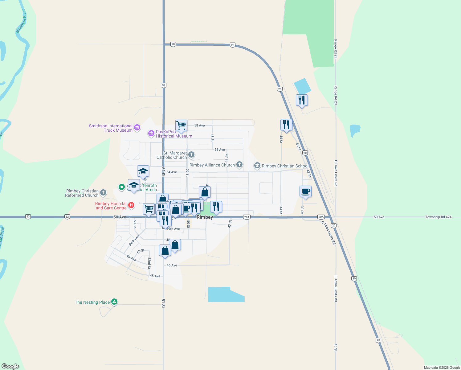 map of restaurants, bars, coffee shops, grocery stores, and more near 4641 53 Avenue in Rimbey