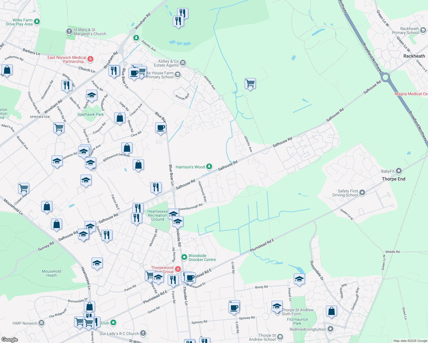map of restaurants, bars, coffee shops, grocery stores, and more near Salhouse Road in Norfolk