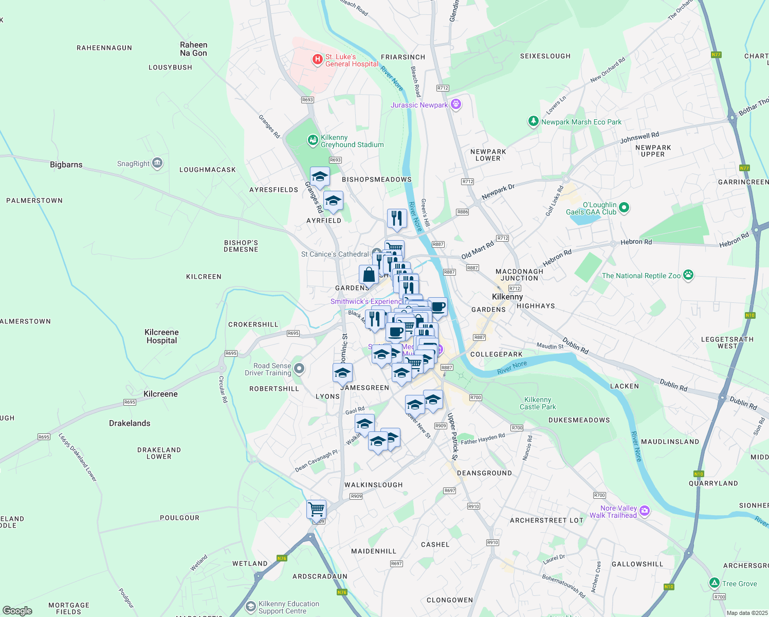 map of restaurants, bars, coffee shops, grocery stores, and more near Abbey Street in Kilkenny