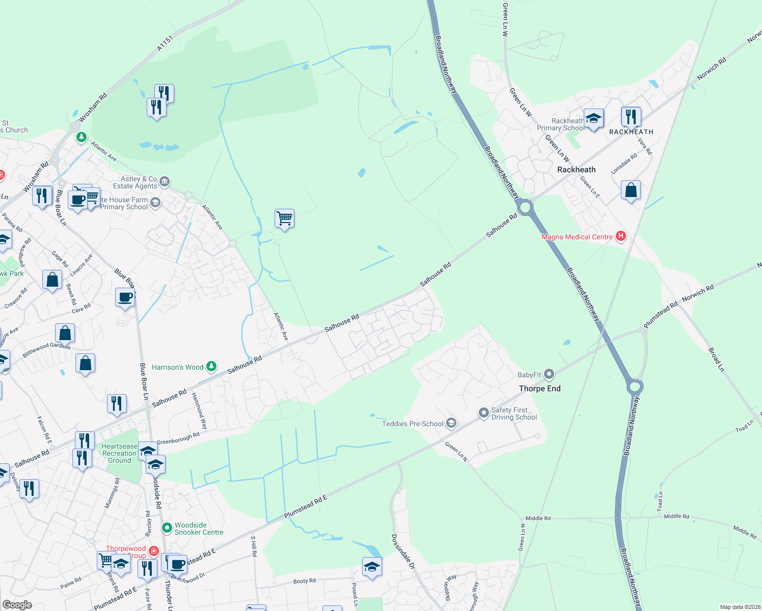 map of restaurants, bars, coffee shops, grocery stores, and more near Salhouse Road in Norfolk