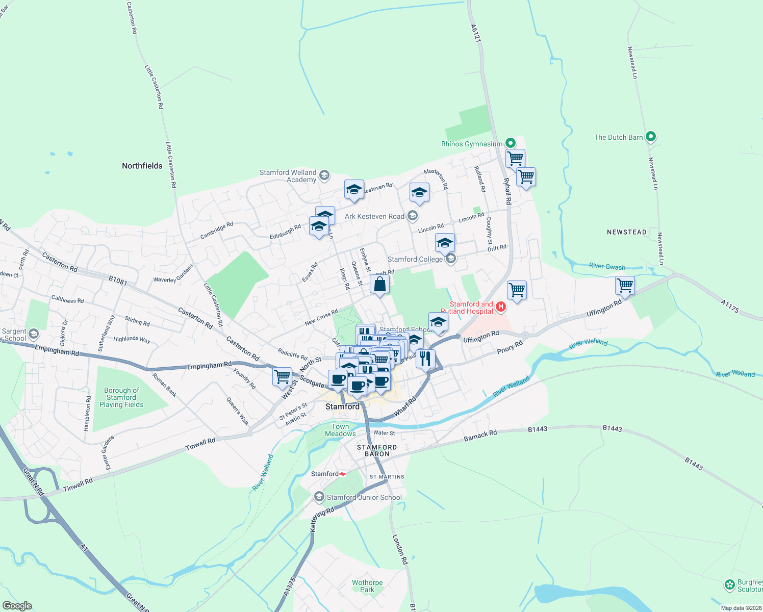 map of restaurants, bars, coffee shops, grocery stores, and more near in Peterborough