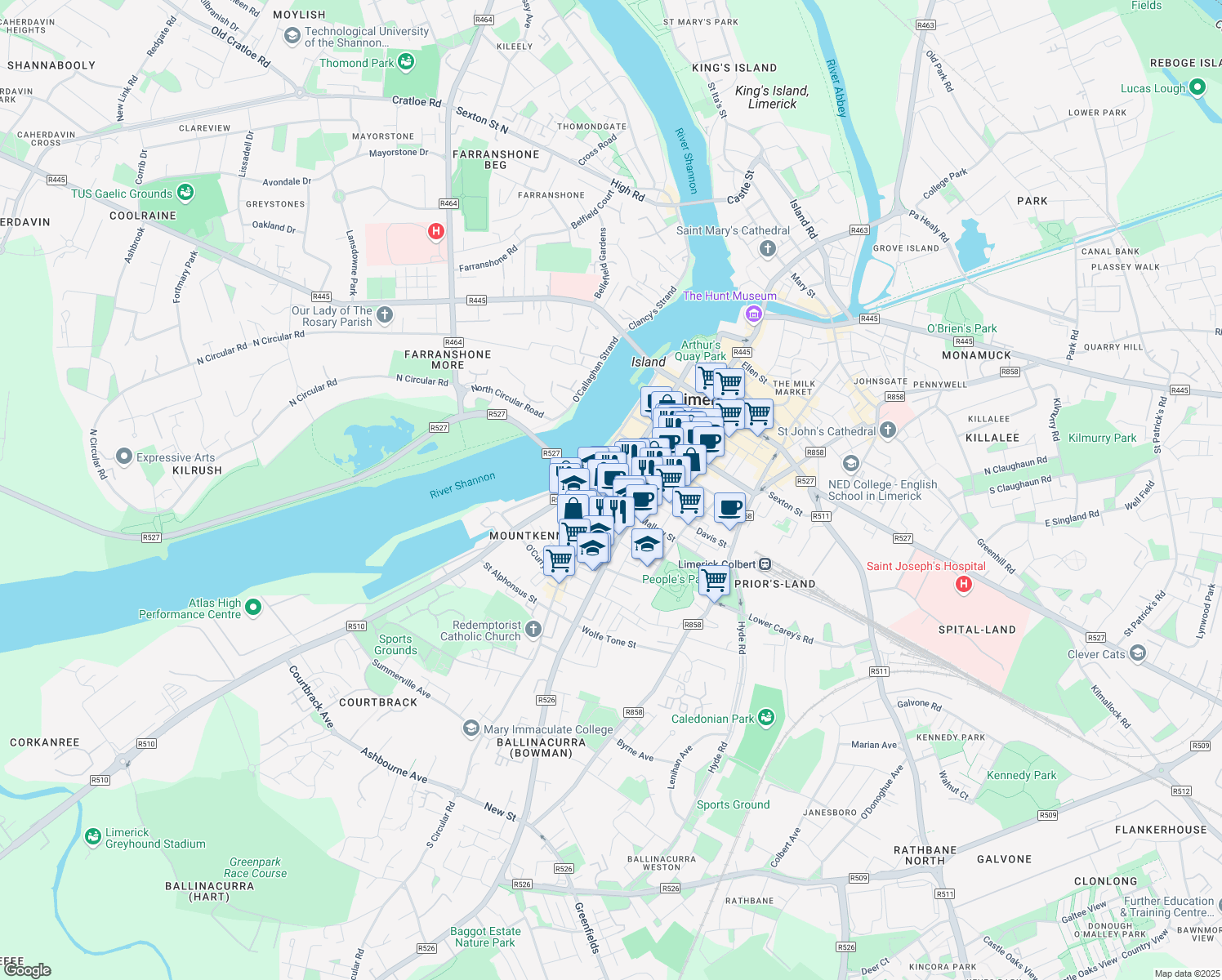 map of restaurants, bars, coffee shops, grocery stores, and more near Henry Street in Limerick