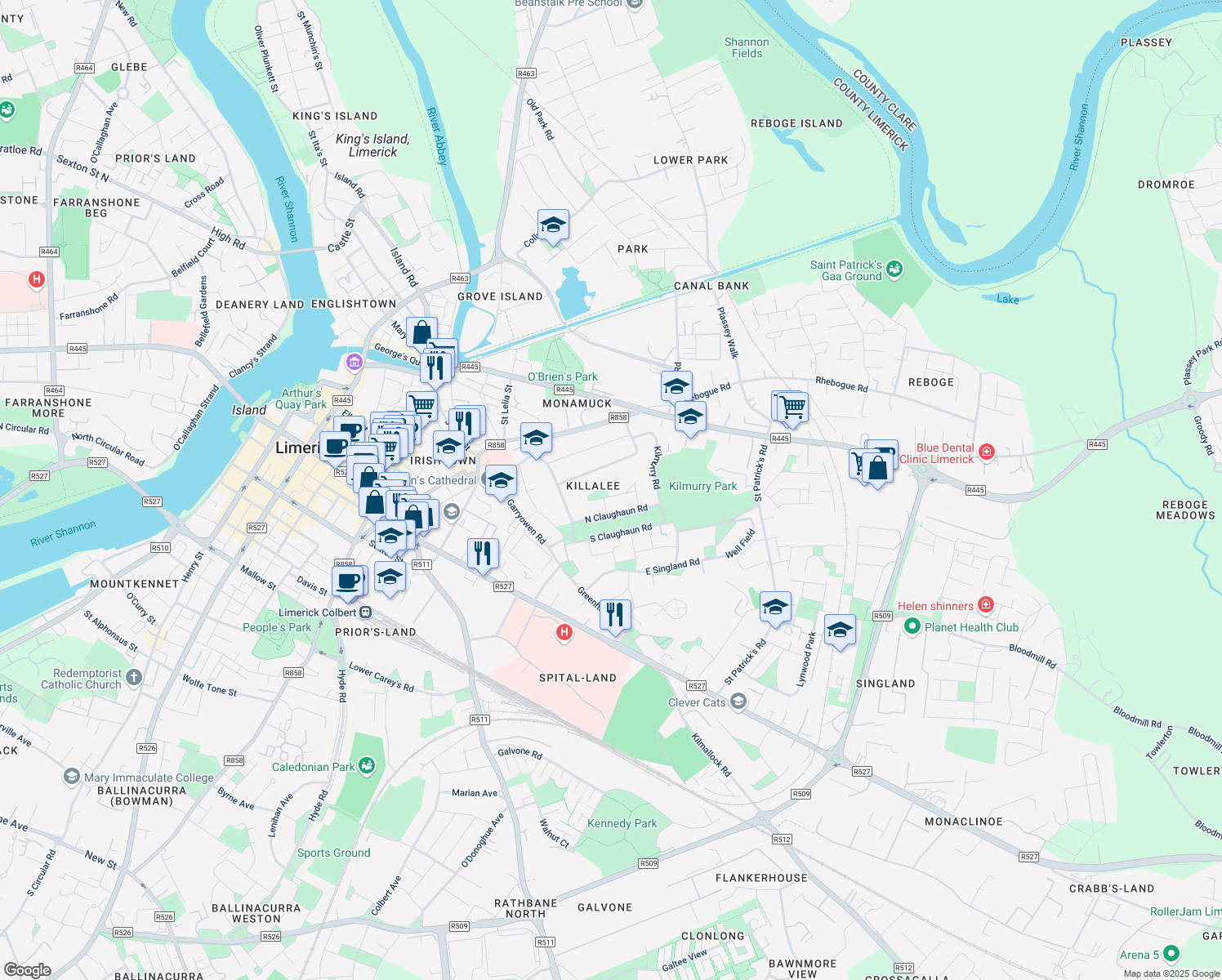 map of restaurants, bars, coffee shops, grocery stores, and more near 16 North Claughaun Road in Garryowen